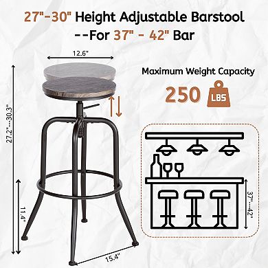 Homy Casa 27"30" Adjustable Bar Stools Set of 2, Industrial Metal Frame
