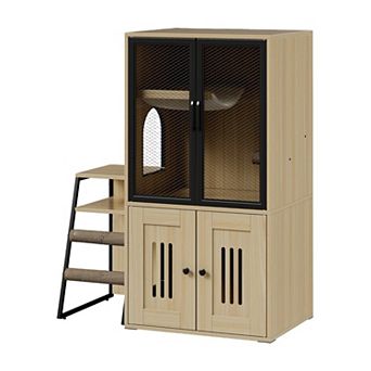 2-in-1 Cat Litter Box Enclosure Furniture with Doors, Double Layer Cat House & Storage Cabinet