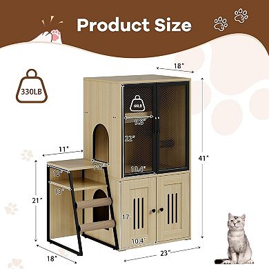 2-in-1 Cat Litter Box Enclosure Furniture with Doors, Double Layer Cat House & Storage Cabinet