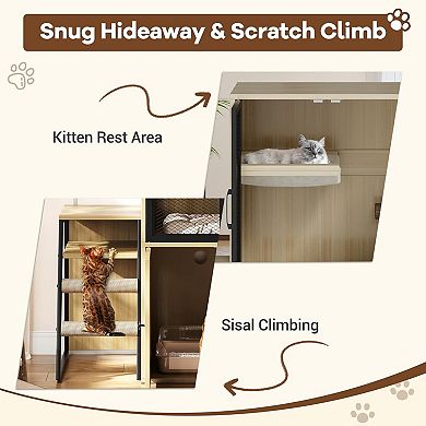 2-in-1 Cat Litter Box Enclosure Furniture with Doors, Double Layer Cat House & Storage Cabinet