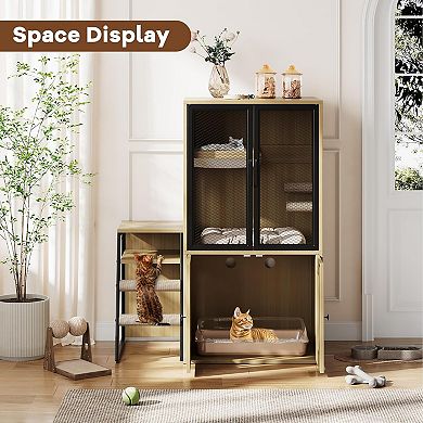 2-in-1 Cat Litter Box Enclosure Furniture with Doors, Double Layer Cat House & Storage Cabinet