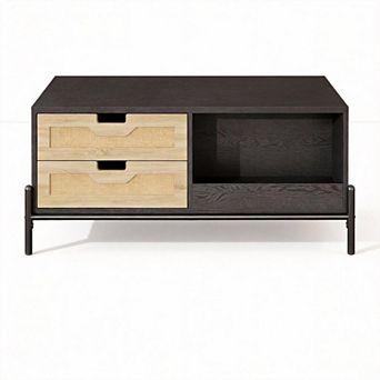 Modern Farmhouse Coffee Table with LED Lighting, Storage Drawers & Open Compartments