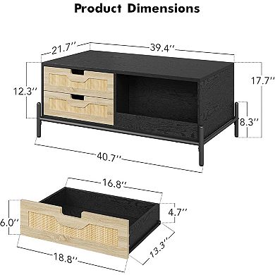 Modern Farmhouse Coffee Table with LED Lighting, Storage Drawers & Open Compartments