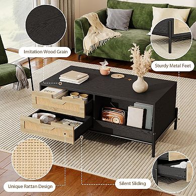 Modern Farmhouse Coffee Table with LED Lighting, Storage Drawers & Open Compartments