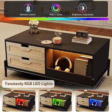 Modern Farmhouse Coffee Table with LED Lighting, Storage Drawers & Open Compartments