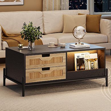 Modern Farmhouse Coffee Table with LED Lighting, Storage Drawers & Open Compartments