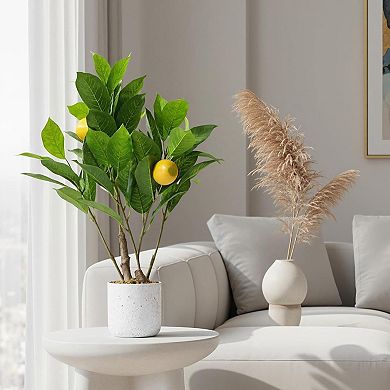 2Pcs Artificial Lemon Trees with White Pot, Faux Small Citrus Fake Plants