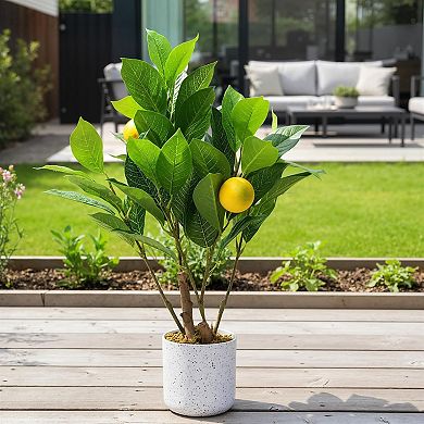 2Pcs Artificial Lemon Trees with White Pot, Faux Small Citrus Fake Plants