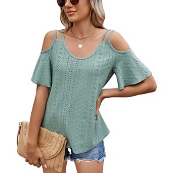 Women Short Sleeve Shirts Casual Cold Shoulder Summer Lightweight Trendy Blouses Top