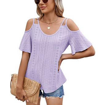 Women Short Sleeve Shirts Casual Cold Shoulder Summer Lightweight Trendy Blouses Top
