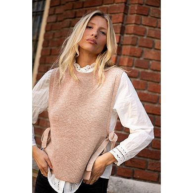 Women's Sweater Vest Tie Side Sleeveless Lightweight Crew Neck Knit Top