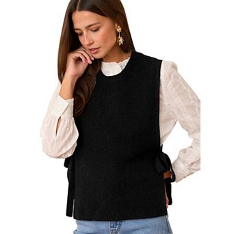 Women's Sweater Vest Tie Side Sleeveless Lightweight Crew Neck Knit Top