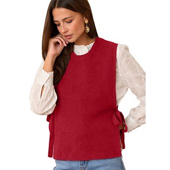 Women's Sweater Vest Tie Side Sleeveless Lightweight Crew Neck Knit Top