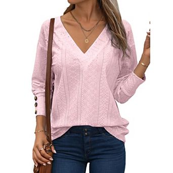 Womens Tops Dressy V Neck Long Sleeve Shirts Buttons Business Casual Hollow Out Embroidered Tops