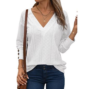 Womens Tops Dressy V Neck Long Sleeve Shirts Buttons Business Casual Hollow Out Embroidered Tops