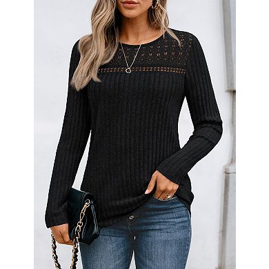 Women's Long Sleeve Shirt Top Crew Neck Lace Mesh Casual Dreesy Work Spring Tunic Blouse