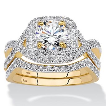 PalmBeach Jewelry 2.20 ct w. Cubic Zirconia 14K Gold-plated Sterling Silver Halo Wedding Ring Set