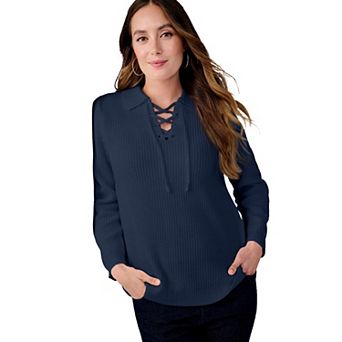Jessica London Women's Plus Size Pullover Collared Lace Up Shaker Sweater