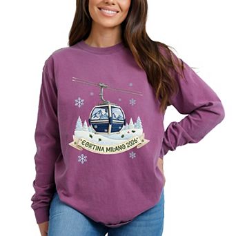 Cortina Milano 2026 Ski Lift - Women's Garment Dyed Long Sleeve Graphic T-Shirt