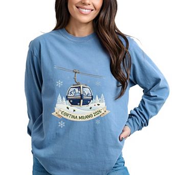 Cortina Milano 2026 Ski Lift - Women's Garment Dyed Long Sleeve Graphic T-Shirt
