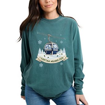 Cortina Milano 2026 Ski Lift - Women's Garment Dyed Long Sleeve Graphic T-Shirt