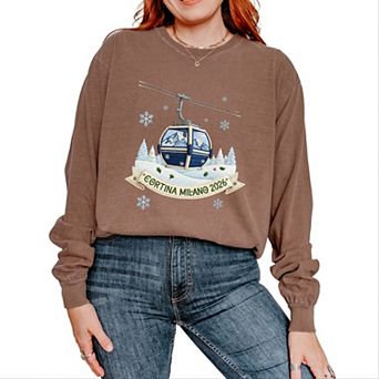 Cortina Milano 2026 Ski Lift - Women's Garment Dyed Long Sleeve Graphic T-Shirt