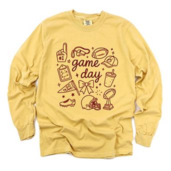 Game Day Football Sketched Collage - Women's Garment Dyed Long Sleeve Graphic T-Shirt