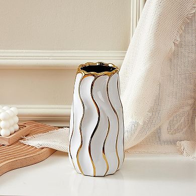 Great Ambitions White Ceramic Vase for Home Decor,Decorative Flower Vase,Vertical Stripe Ceramic