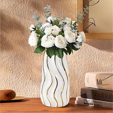 Great Ambitions White Ceramic Vase for Home Decor,Decorative Flower Vase,Vertical Stripe Ceramic