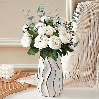 Great Ambitions White Ceramic Vase for Home Decor,Decorative Flower Vase,Vertical Stripe Ceramic