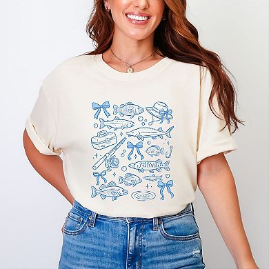Fishing Sketched Collage - Women's Garment Dyed Graphic T-Shirt