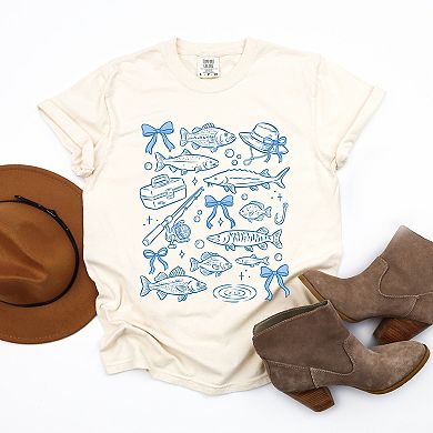 Fishing Sketched Collage - Women's Garment Dyed Graphic T-Shirt