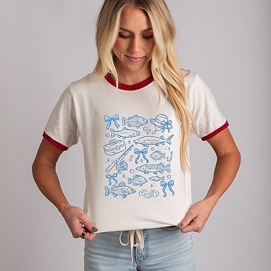 Fishing Sketched Collage - Women's Ringer Graphic T-Shirt