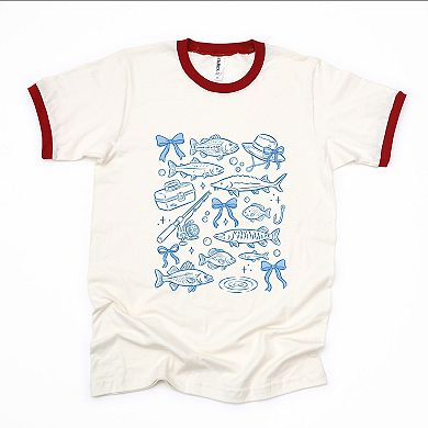 Fishing Sketched Collage - Women's Ringer Graphic T-Shirt
