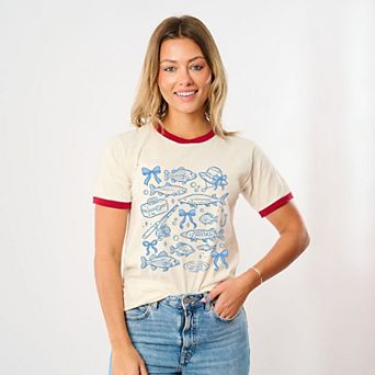 Fishing Sketched Collage - Women's Ringer Graphic T-Shirt