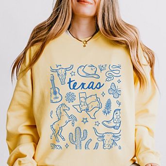 Texas Sketched Collage - Women's Lightweight Garment Dyed Sweatshirt