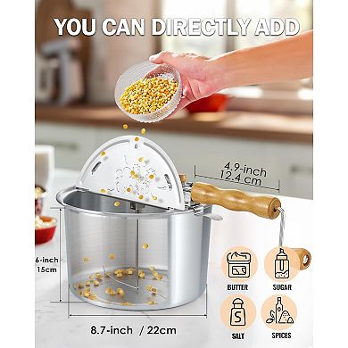 Great Ambitions Stovetop Popcorn Popper with Crank, 6-Quart Aluminum Popcorn Pot, Silver