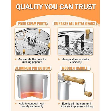 Great Ambitions Stovetop Popcorn Popper with Crank, 6-Quart Aluminum Popcorn Pot, Silver