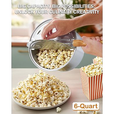 Great Ambitions Stovetop Popcorn Popper with Crank, 6-Quart Aluminum Popcorn Pot, Silver