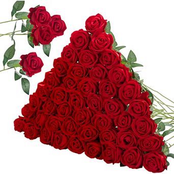 Great Ambitions 50 pc Red Roses Artificial Flowers, Fake Velvet Silk Rose Bulk