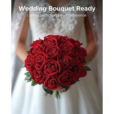 Great Ambitions 50 Pcs Red Roses Artificial Flowers, Fake Velvet Silk Rose Bulk