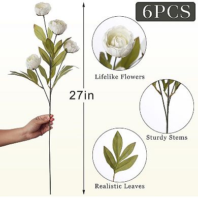 Great Ambitions 6 Pcs Faux Silk Peony Artificial Flowers for Vase -27", with Stems for DIY Bouquet