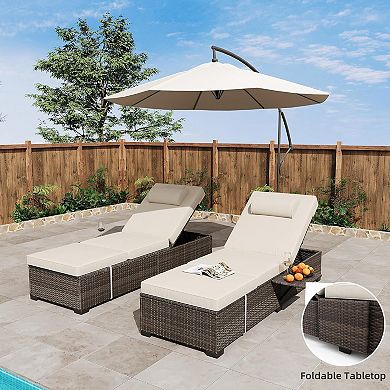 Set of 2 Adjustable Chaise Lounges, PE Wicker Reclining Chairs with Cushions for Poolside & Patio