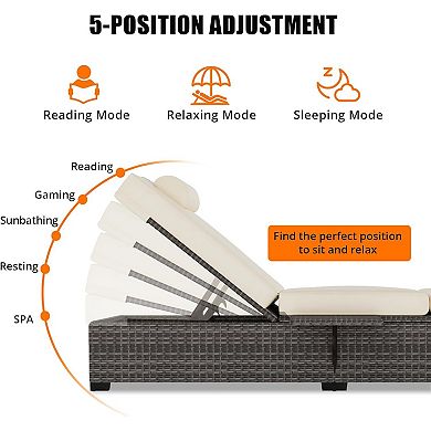 Set of 2 Adjustable Chaise Lounges, PE Wicker Reclining Chairs with Cushions for Poolside & Patio