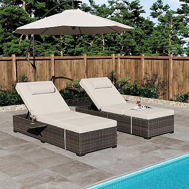 Set of 2 Adjustable Chaise Lounges, PE Wicker Reclining Chairs with Cushions for Poolside & Patio