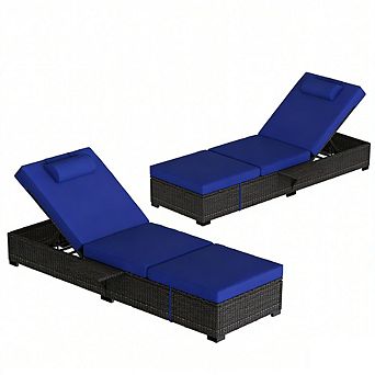 Set of 2 Adjustable Chaise Lounges, PE Wicker Reclining Chairs with Cushions for Poolside & Patio