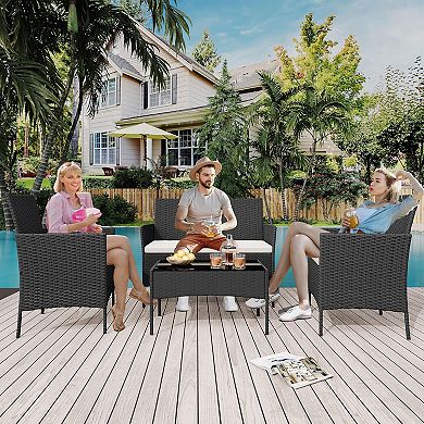 4-Piece All-Weather Patio Set, Rattan Chairs with Cushions & Glass Table for Outdoor