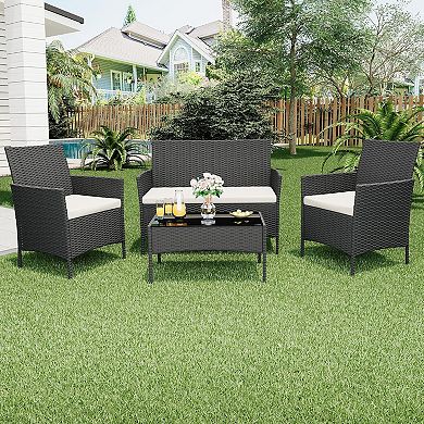 4-Piece All-Weather Patio Set, Rattan Chairs with Cushions & Glass Table for Outdoor