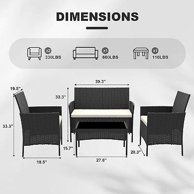 4-Piece All-Weather Patio Set, Rattan Chairs with Cushions & Glass Table for Outdoor