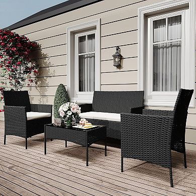 4-Piece All-Weather Patio Set, Rattan Chairs with Cushions & Glass Table for Outdoor